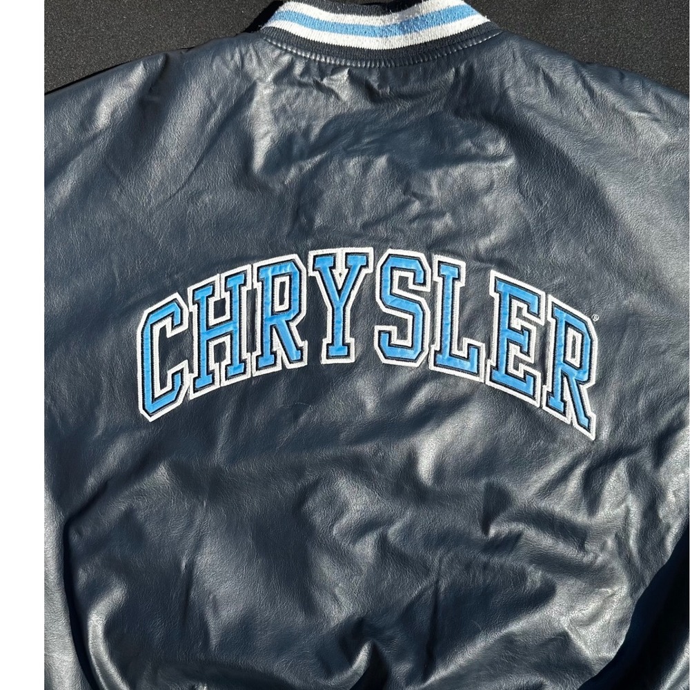 Chrysler Varsity Jacket Mens Medium Blue Good Wool Faux Leather Embroidered 2004